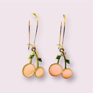 BOUTIQUE Gold and Pink Cherry Earrings, Dainty, Cute, Fun Dangles